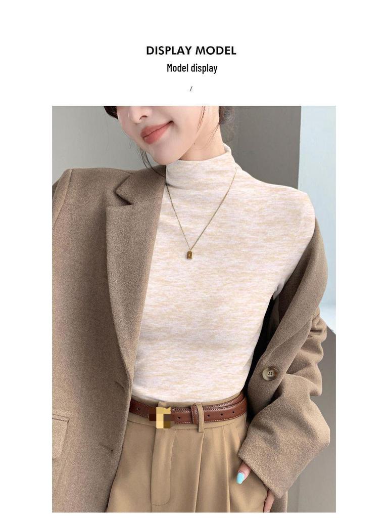 Women's Soft & Fluffy Cashmere Long-Sleeve Base Shirt with Half-High Collar for Spring, Autumn & Winter - Warm Fleece Inner Wear.