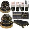 201PCS Retirement Party Decorations Retirement Plates Napkins Set, Black and Gold Retirement Plate,Napkin,Cup,Straw,Tablecloth,Wooden Cutlery,