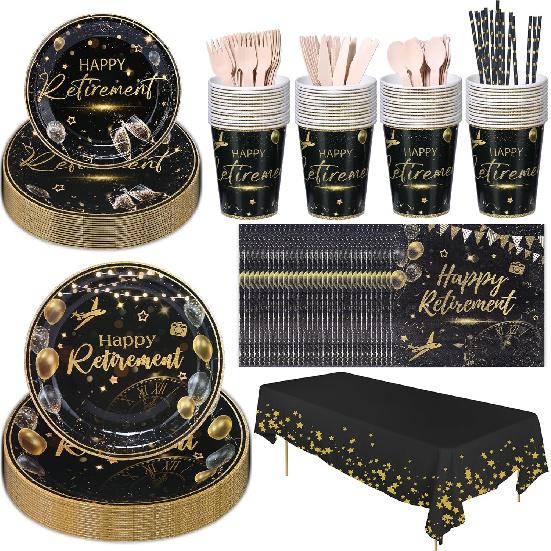 201PCS Retirement Party Decorations Retirement Plates Napkins Set, Black and Gold Retirement Plate,Napkin,Cup,Straw,Tablecloth,Wooden Cutlery,