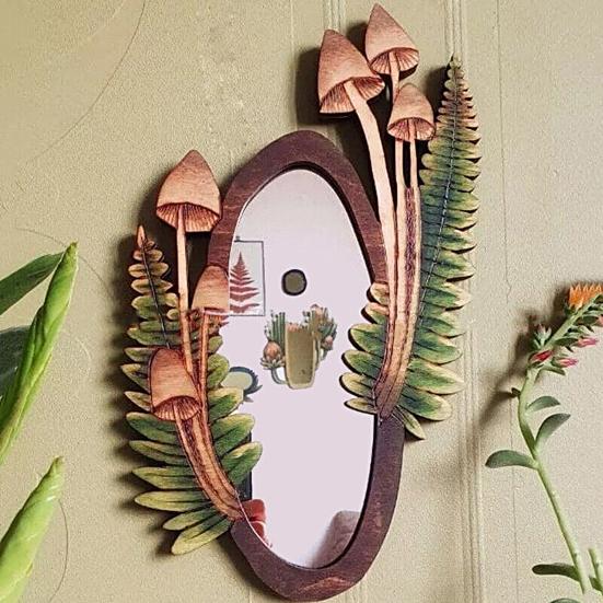 Specchio dal design unico, facile da appendere, vintage, accuratamente lucidato, a forma di fungo, regalo perfetto, attraente specchio in legno a forma di fungo per soggiorno