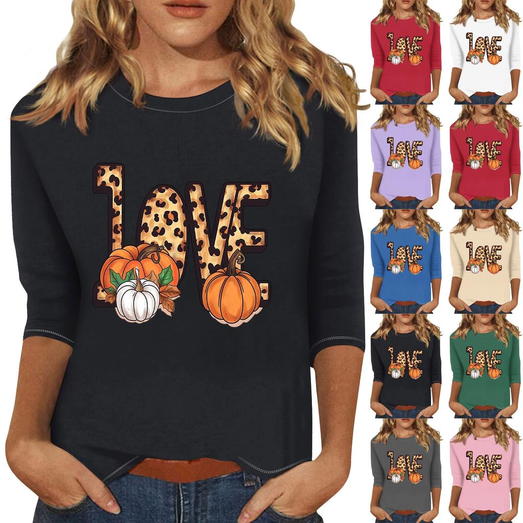 Dámské módní ležérní top s tříčtvrtečním rukávem a halloweenským potiskem, kulatý výstřih