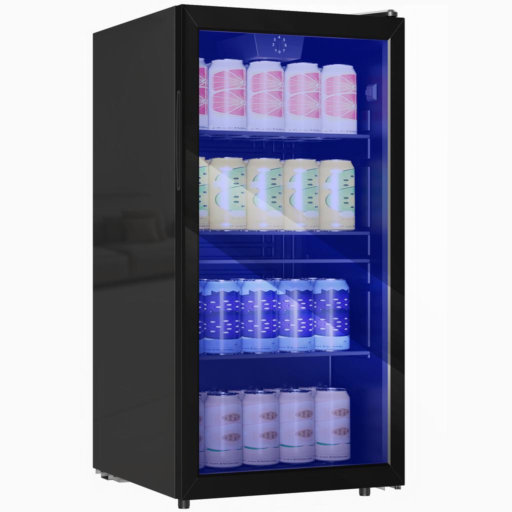 93L Drinks Fridge, 115 Can Freestanding Beer Fridge with Glass Door, Adjustable Shelves, LED Light, for Beer Soda, Black