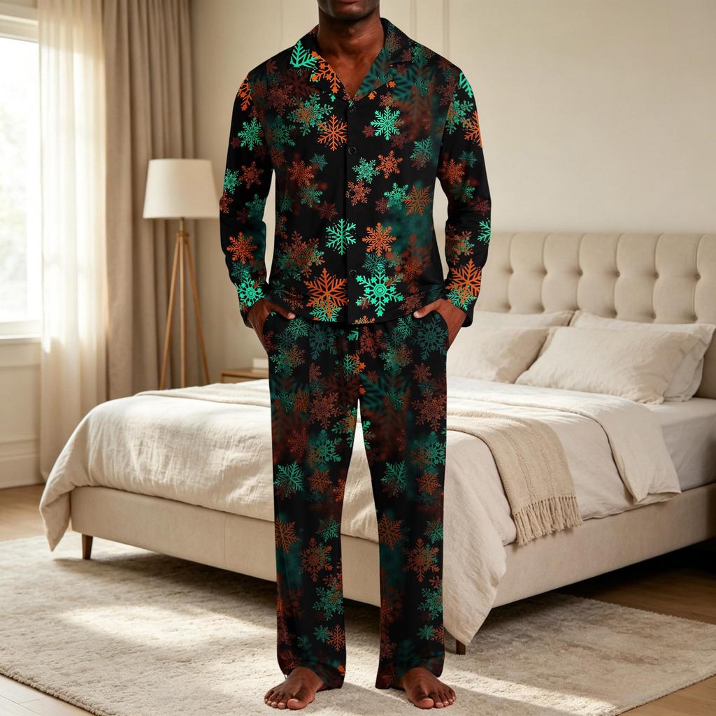 Men's Christmas Pajama Set with Button Down Shirt and Straight Leg Pants, Casual Print Sleepwear Two Piece Outfit, Festive Holiday Loungewear