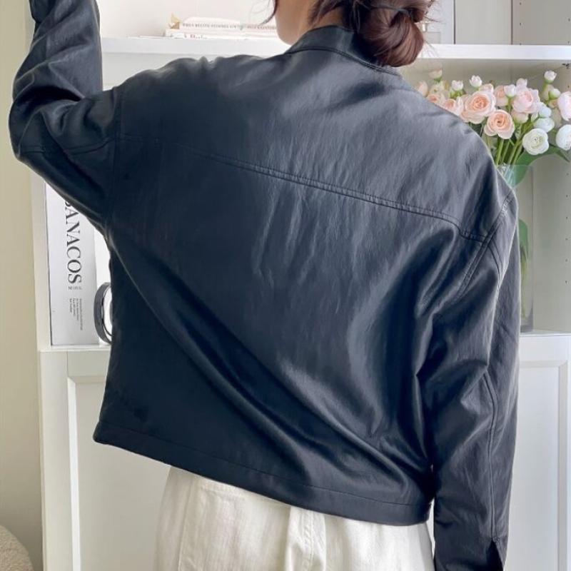 Open Run Henry Neck Zip Up Jacket Women Fake Leather Rider Spring