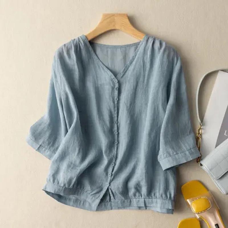"Large Size Retro V-Neck Cotton Linen Top - Three-Quarter Sleeve, Breathable for Spring & Summer"
