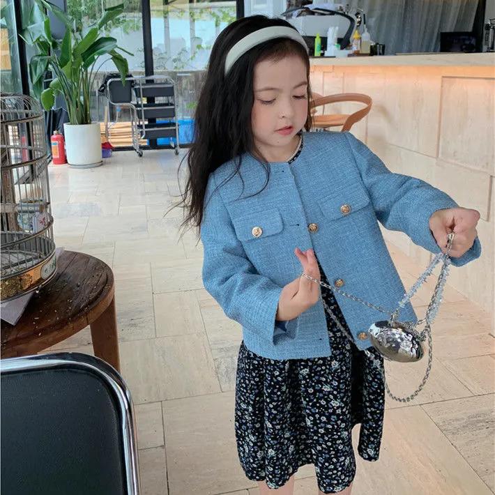 Girls Spring and Autumn Round Neck Single-breasted Blouse Casual Solid Color Middle and Large Children Jacket