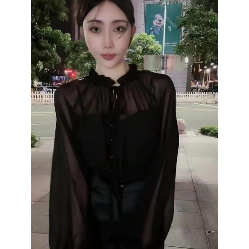 2024 Blusas De Mujer Shirts for Women Y2k Long Sleeve Loose Temperament Tops Solid Bandage Ruffles Summer Vintage Sweet Blouses