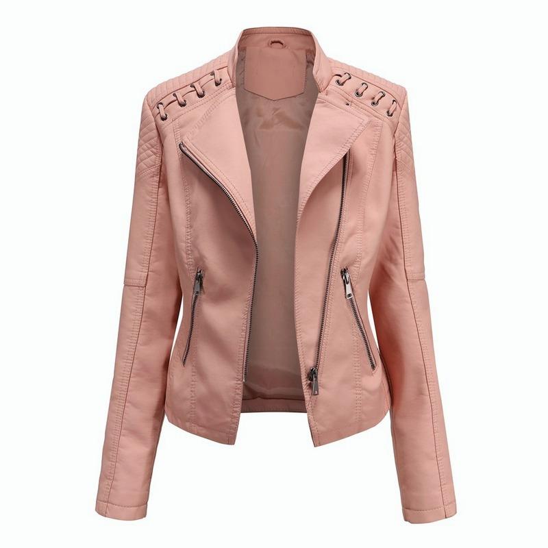 Women Faux Leather Zip Up Bomber Jacket Biker Coat Casual Flight Tops Outwear