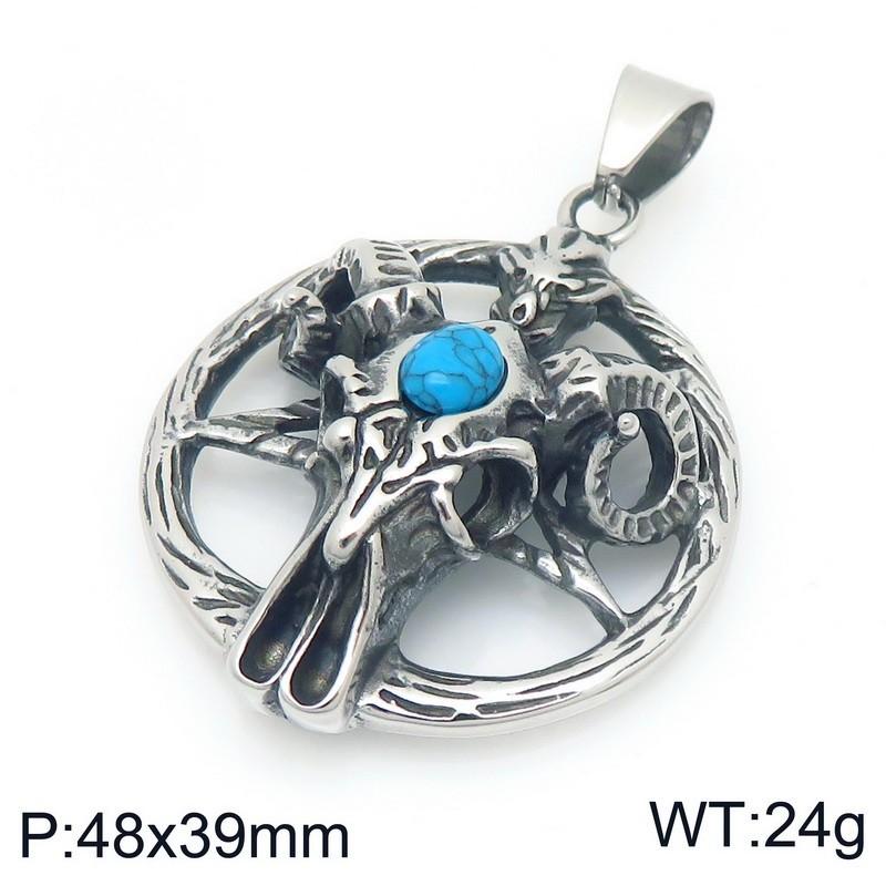 Vintage Turquoise Pentagram Satan Ram Accessories, Viking Bear Claw Cat'S Eye Stone Wolf Head Titanium Steel Men'S Pendant