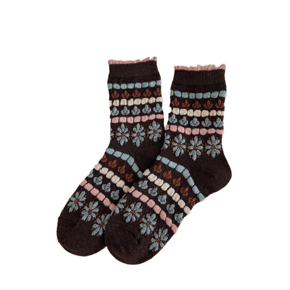 Retro Wool Socks, Flower Mid-calf Socks, Pile Socks, Coffee-colored Warm Thickened Geometric Mid-calf Socks