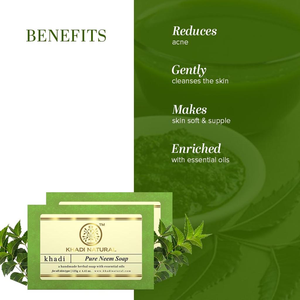 KHADI NATURAL Pure Neem Soap 125g X Pack of 2 | Herbal Bathing Soap for Clear Skin and Daily Use
