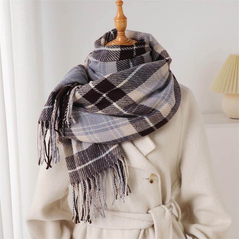 Korean Retro Plaid Autumn and Winter Warm and Cold Scarf Shawl Commuting Versatile Couple Tassel Imitation Cashmere Scarf
