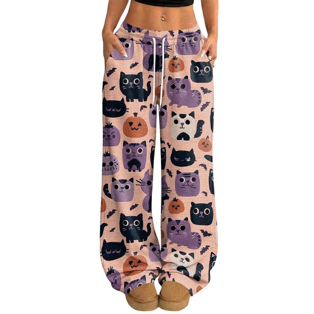 Dampantal med Halloween-tryck, lös passform, dragskostängning i midjan, vida ben, för avslappnad daglig användning