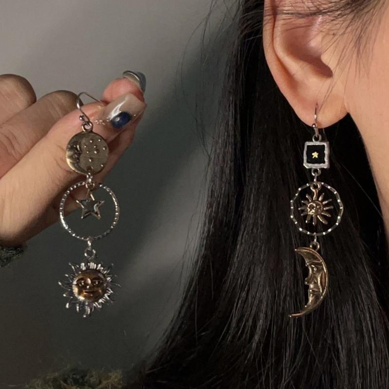 Elegant Sunflower Drop Earrings Asymmetrical Sun and Moon Ear Pendants Accessories Jewelry for Fashion Enthusiasts