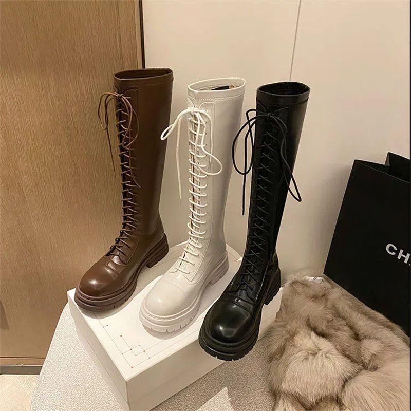 White long boots women's shoes 2025 new autumn and winter velvet khaki medium tube small knight boots