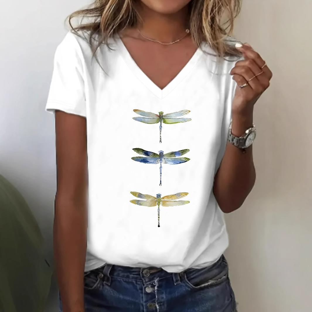 

Summer V-neck 3D Dragonfly Pattern Printed Top Fashionable Casual Short Sleeved Women s T-shirts S