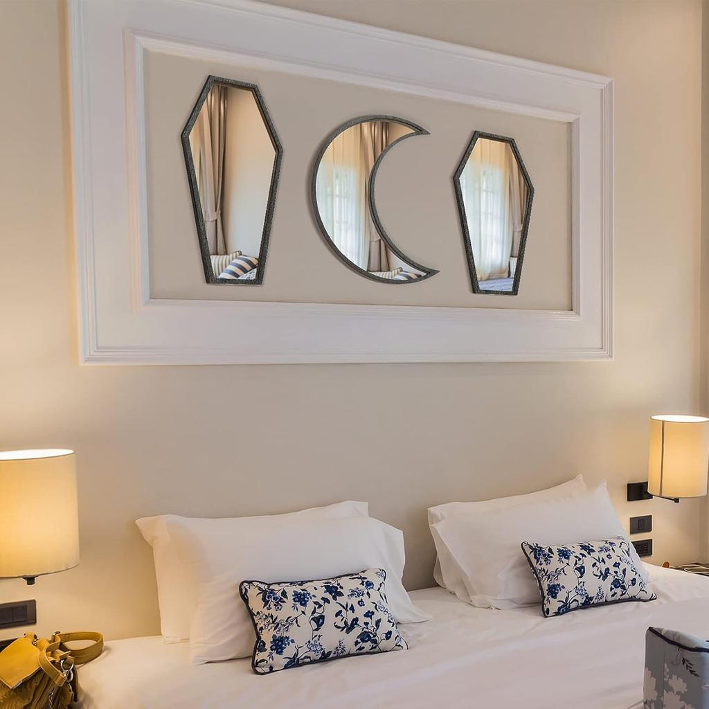 Marsui 2 Pieces Tiny Coffin Moon Mirror Cute Goth Room Decor Spooky Gothic Decorative Mirror Rustic Black Wall Decor Wall-Mounted for Halloween