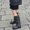 Miu * Home Knight Boots Belt Buckle Thick Heel Martin Boots Women's Leather Retro Knee Boots Western Cowboy Boots