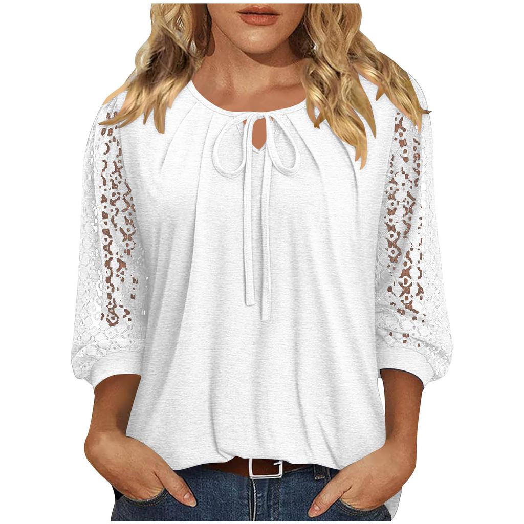 Women's Lace-Up Blouse, Loose Fit, Casual, Sheer Lace