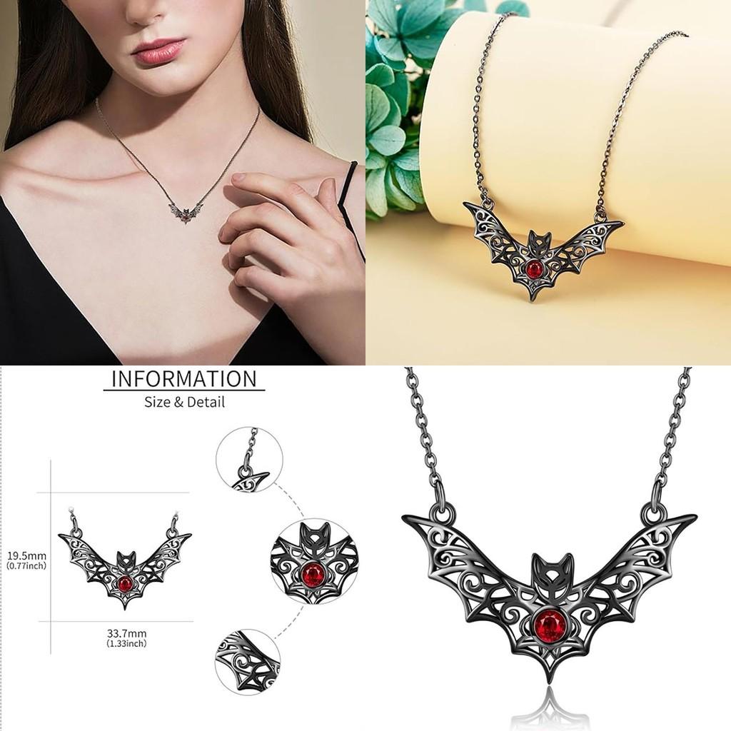 Gothic Bat Pendant Necklace With Faux Ruby Cutouts And Alloy Material For Halloween Costume Accessories