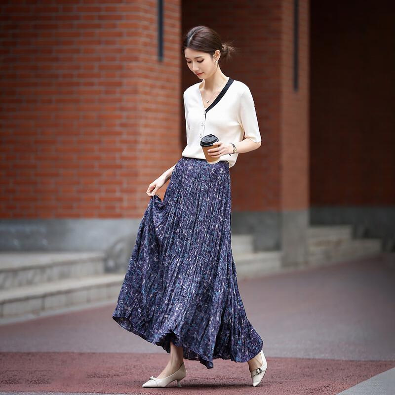 Demana Ice Crushed Star River Printed Pleated A-Line Midi Skirt