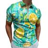 Citrus Print Short Sleeve Zip Polo Shirt, Stylish Summer Casual Top