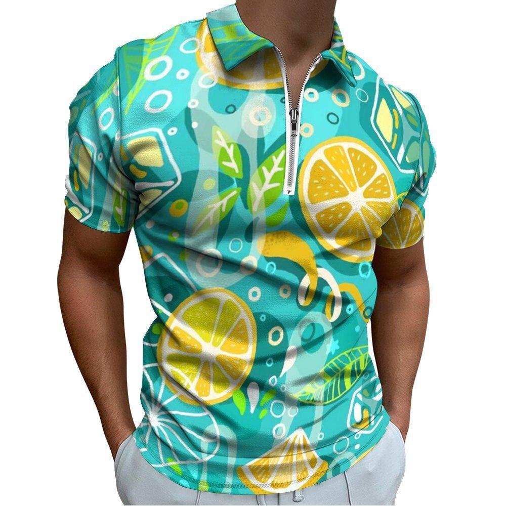 Citrus Print Short Sleeve Zip Polo Shirt, Stylish Summer Casual Top