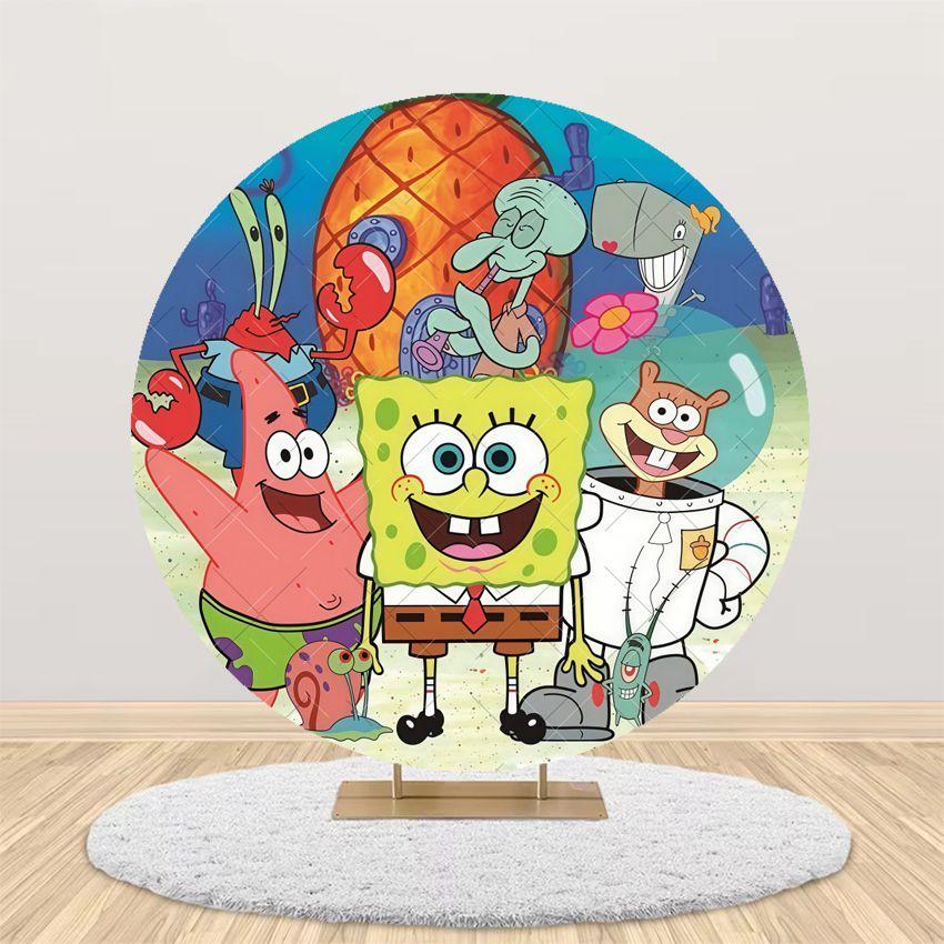 Cartoon SpongeBob Children Birthday Party Round Backdrop Cover Kid Room Decoration Baby Shower Photography Background Props