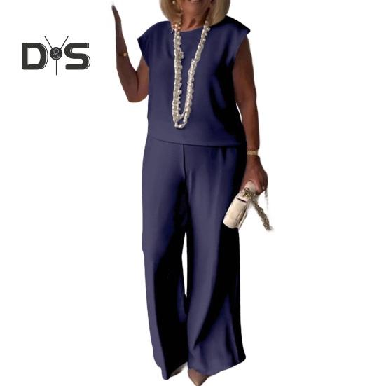 

2 шт./компл. Женская повседневная футболка и брюки, однотонный весенне-летний топ без рукавов с круглым вырезом, свободный крой, широкие брюки, длинные брюки, женская одежда M темно-синий