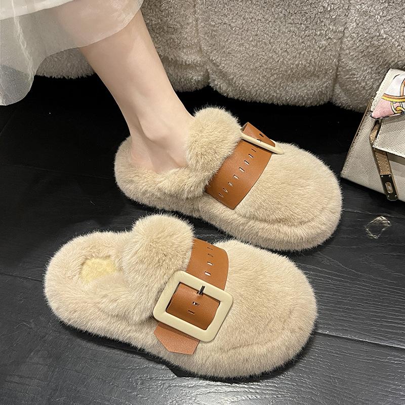 Thick-soled Fluffy Slippers Women's Slippers Outer Wear 2025 New Autumn and Winter Super Fire Bag Head Half Slippers Cotton Slippers