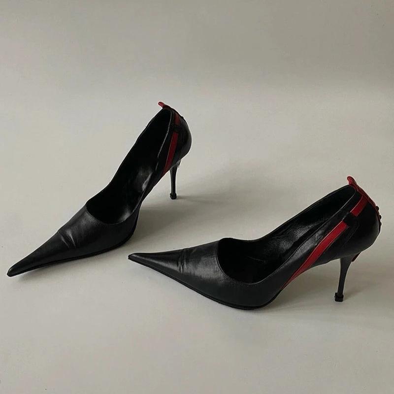 2025 Pointed Toe Stiletto Rivet Decoration Women Shoes Fashion Black and Red Rome Women Shoes Slip-on Hand-made