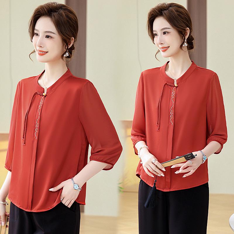 

Летняя шифоновая блузка в китайском стиле 2025 года для женщин среднего и пожилого возраста - Стильный топ с рукавом семь восьмых, скрывающий возраст XL fits 90-110 lbs красный