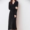 Women's Slim Fit V-Neck Wool Knit Dress - Waist-Hugging, Extra Long, Over-the-Knee, for Autumn/Winter Temperament