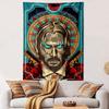 Fiery-eyed figure with a halo of bullets, guns, and rose accents. Patterned tapestry for bedroom and living room home decor