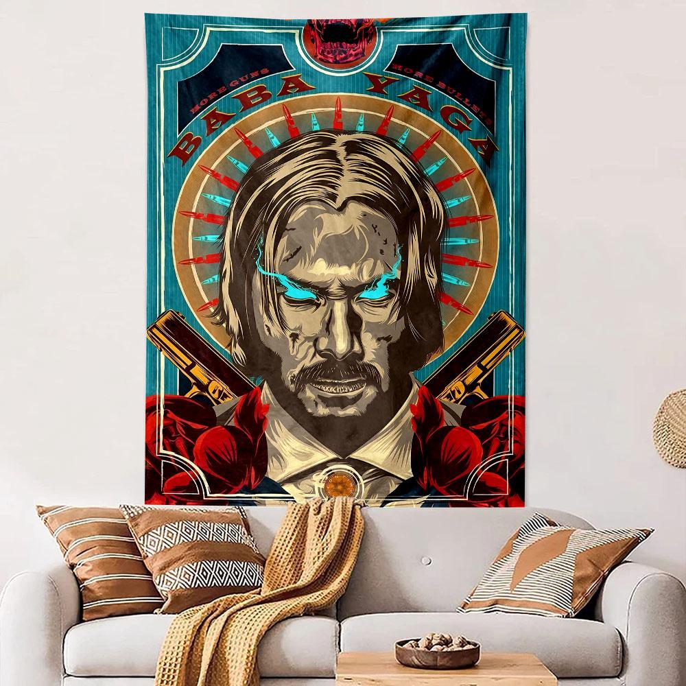 Fiery-eyed figure with a halo of bullets, guns, and rose accents. Patterned tapestry for bedroom and living room home decor