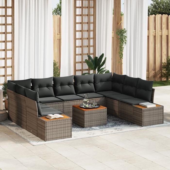 VidaXL Ensemble de Canapés de Jardin de 10 Pièces avec Coussins Gris en Poly Rattan Acacia 3348170