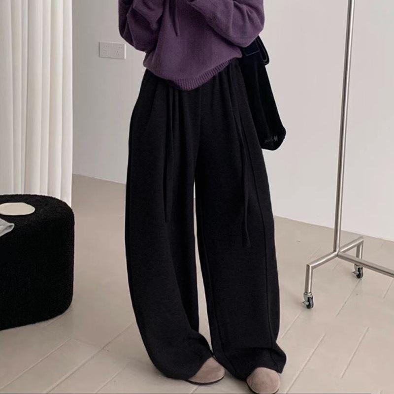 Women's High Waist Wide Leg Pants Loose Sweatpants Streetwear Vintage Curved Pants Fleece Lined Drawstring Composite Craft Fall Warm Casual Trousers