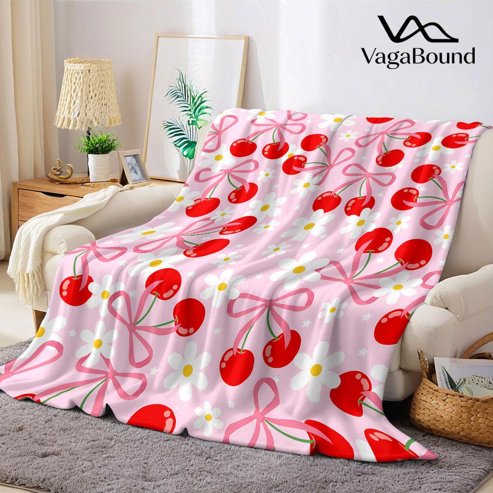 Pink Bow Cherry Daisy Flannel Blanket Warm Soft Halloween Christmas Decorative Couch Warm Cozy All-Season Gift