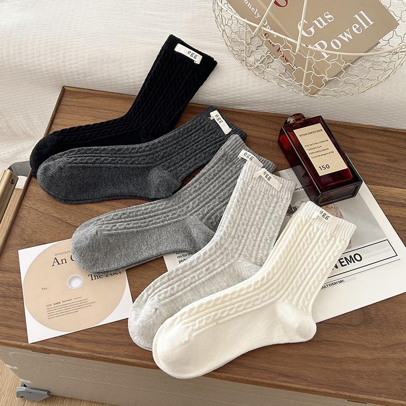 Women's Socks Egg Cloth Label Mid-calf Socks Autumn Linen Pattern Pile Socks Grey Socks