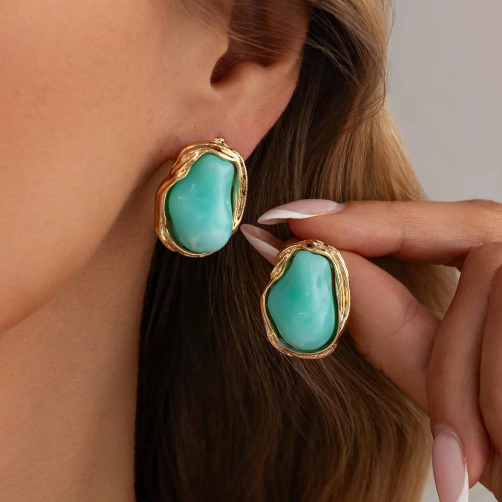 Salircon 8 Colors Classic Irregular Inlaid Resin Stud Earrings Women Vintage Geometry Acrylic Piercing Earrings Fashion Jewelry