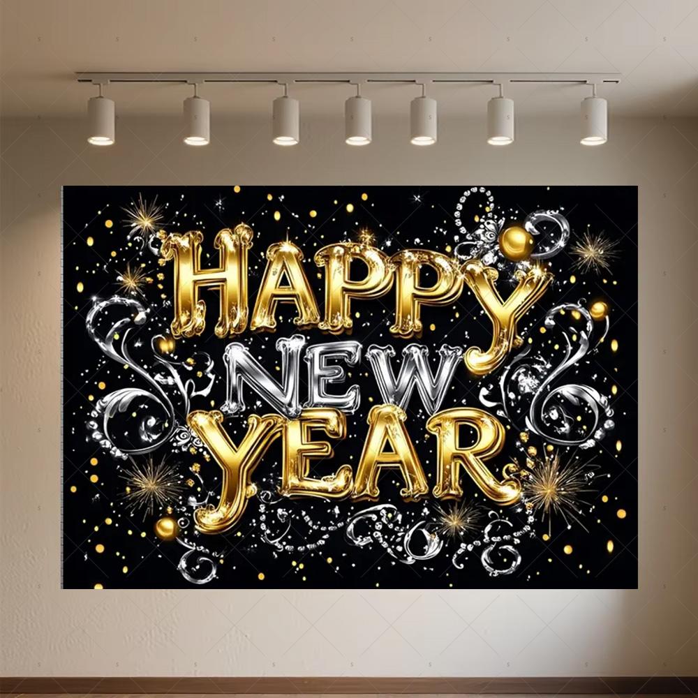 Black Gold New Year Background Banner Glitter 2026 Happy New Year Backdrop Supplies Balloons New Year Party Decoration Gifts