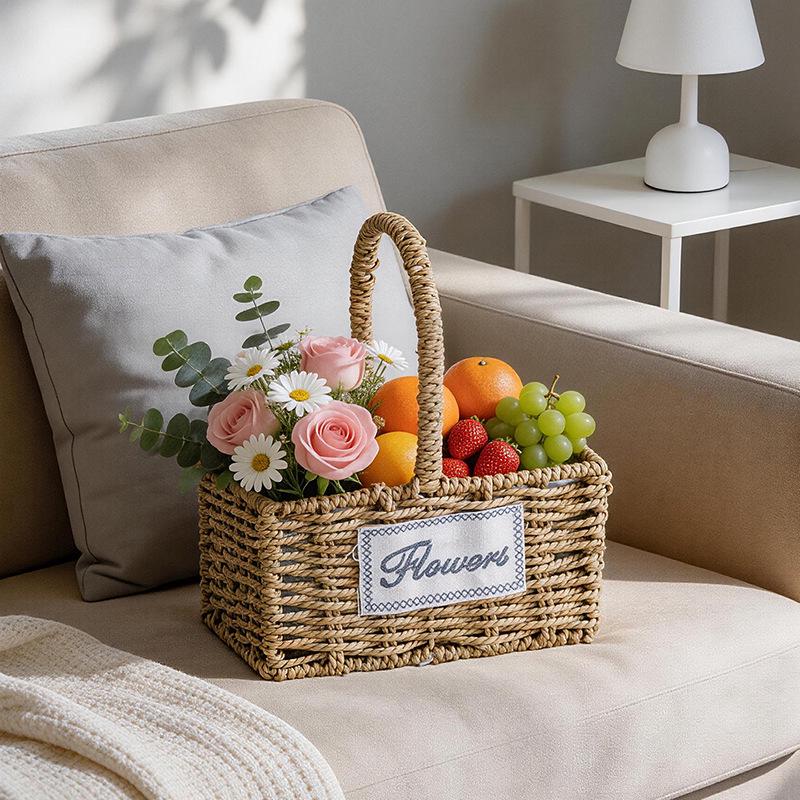 Pastoral Handmade Straw Flower Basket for Faux Bonsai Display - Creative Woven Design for Living Room or Balcony
