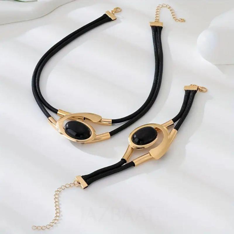 Simia style necklace and bracelet set, double black rope design, with oval black rhinestone pendant, ladies fashion jewelry