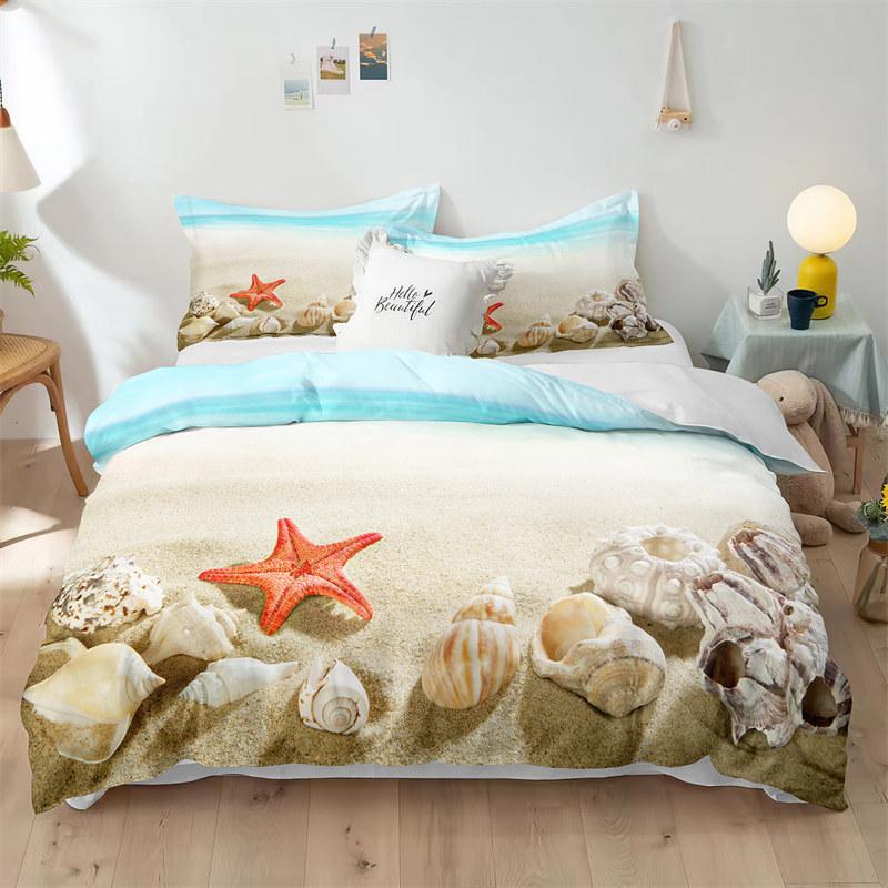 Beach Theme Duvet Cover Set Blue Ocean Bedding Set King Queen For Kids Girls Microfiber Seashell Starfish Print Comforter Cover