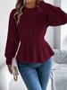 Damen Einfarbig Zopfmuster Peplum Saum Ballonärmel Langarm Rundhalsausschnitt Pullover Pullover Oberteil