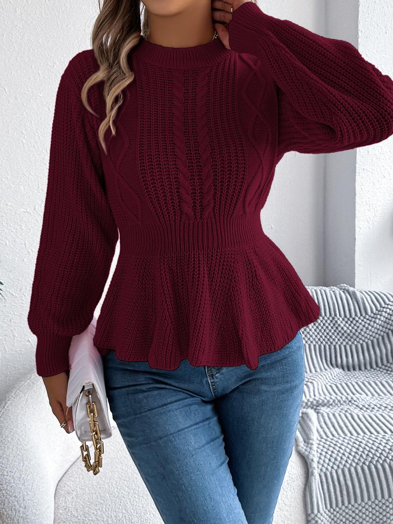 Damen Einfarbig Zopfmuster Peplum Saum Ballonärmel Langarm Rundhalsausschnitt Pullover Pullover Oberteil