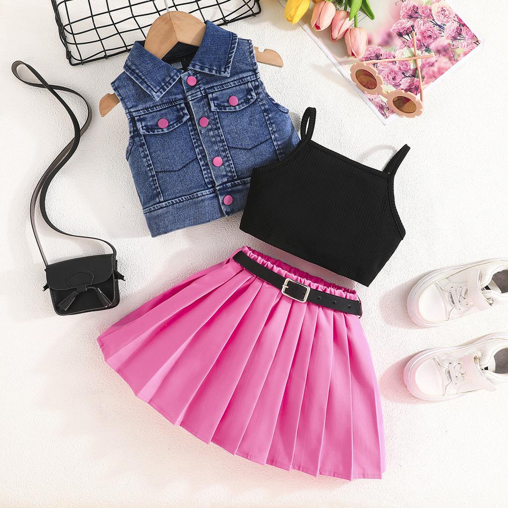 Neues Sommer-Denim-Westentop für Mädchen + Top + Grüner Rock 100% Rabatt + Gürtel Vier-teiliges Set