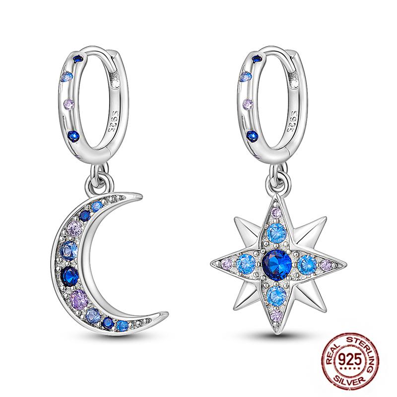 Sparkling Women Hoop Earrings 925 copper Heart Shape Star Moon Round Blue Zircon Fit Origina Drop Earrings Zircon Holiday gifts