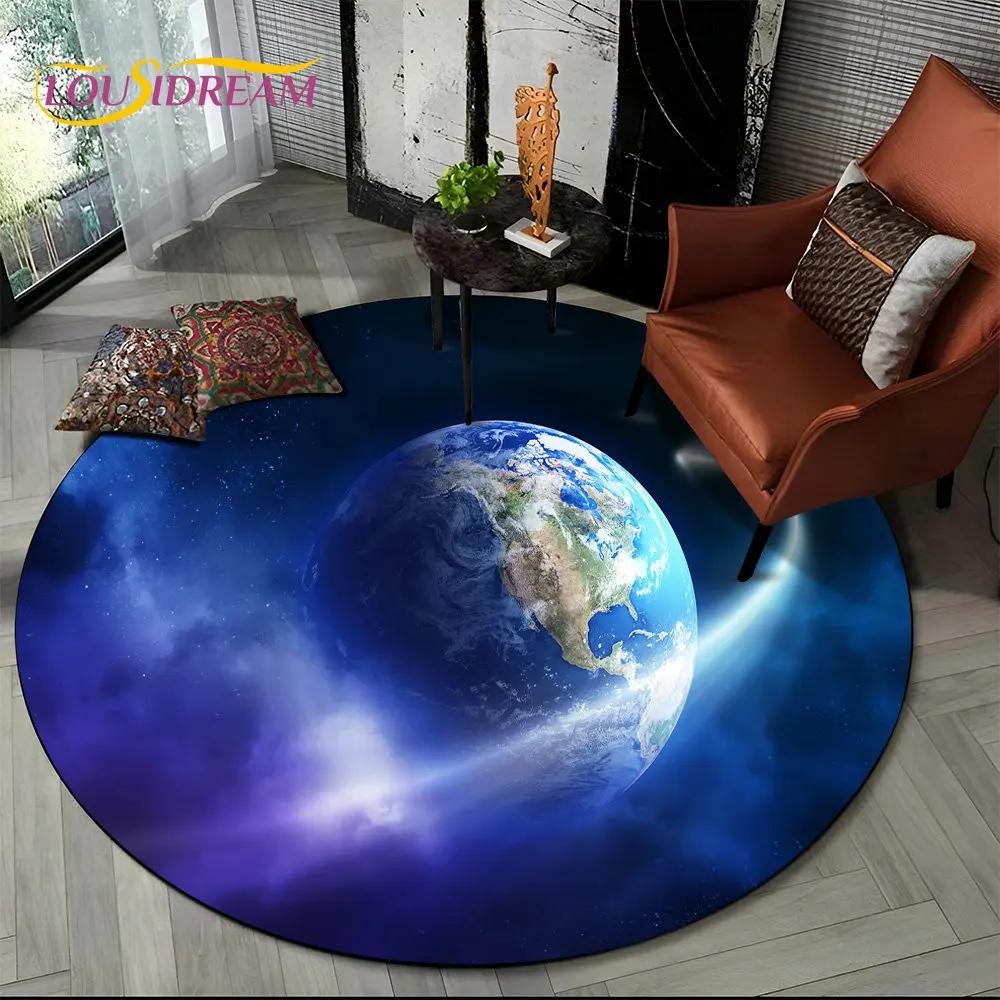 Earth Space Fixed Stars Galaxy Round Area Rug,Carpet for Living Room Children's Bedroom Sofa Playroom Decor,Non-slip Floor Mat