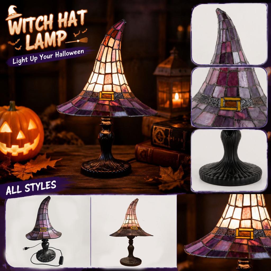 Stained Glass Witch Hat Table Lamp USB Plug In Mosaic Shade Decorative Accent Light for Home Office Party Holiday Decor